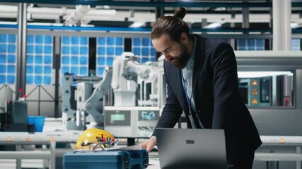 Poster - industrial business expert inspecting alternative energy equipment, demonstrating attention to quali