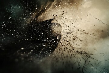 A spiderweb glistening with dew drops, the delicate strands creating a captivating, abstract, and moody composition.