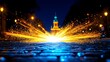 © adityan - Night city sparks, cobblestone street, church background, energy