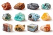 © LimeSky - Assortment of minerals and rocks displayed on white including iron ore sandstone apatite quartz bauxite phosphorite magnesite gypsum agate asbestos marble corundum kaolin and m