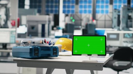 Poster - copy space display on tablet in modern photovoltaics factory used to oversee production line, empty 