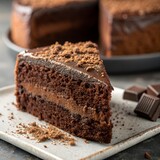 Porción de tarta de chocolate con glaseado y trocitos de chocolate en el plato