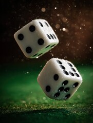 Poster - Dramatic Close-Up of Spinning Dice Over Green Felt Illuminated by Soft Light Creating a Captivating Scene