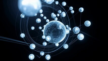 Abstract network of spheres, digital futuristic style, blue and white on black, representing technology or molecular structure