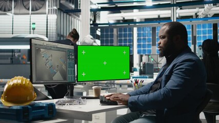 Poster - black man specialist checks solar panel production with copy space, reviewing a checklist during ins