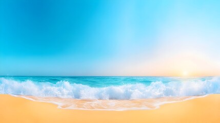  Ocean waves crashing on sandy beach at sunrise; tropical vacation banner