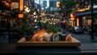 © sadewotito - Assorted sushi platter outdoors at night, showcasing salmon,  shrimp, and rice rolls against a vibrant city street