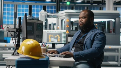 Poster - african american supervisor checking solar panel machinery and reviewing a checklist, playing a vita