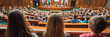 © Leonid - A back view of children seated in a large, parliament-style hall, looking towards a stage with international flags, representing youth participation in global forums