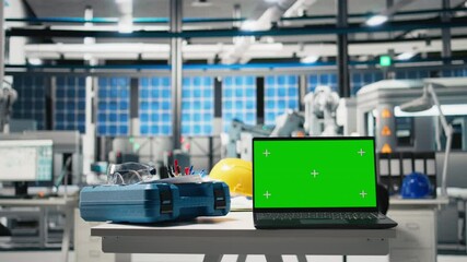Poster - isolated chroma key screen on laptop in solar panels manufacturing plant, solar cell engineering for