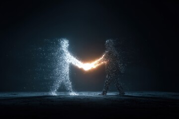 Poster - Two figures made of particles shaking hands, with glowing energy exchanged between them, symbolizing connection, agreement, or partnership