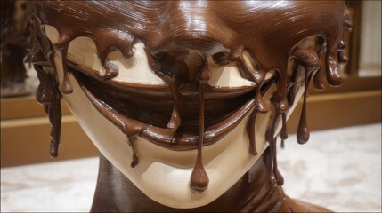 Poster - Distorted Smile Melting off Face Sculpture Showcasing Intricate Design at Contemporary Art Exhibit in an Urban Gallery Setting