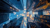 skyward gaze between towering skyscrapers reflecting the hues of sunrise on glass facades creating an impressive urban landscape showcasing architectural grandeur and modern cityscapes