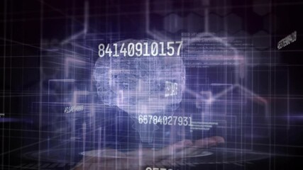 Poster - Grid pulsing and data drifting coalescing into rotating hologram on palm visualizing neural network
