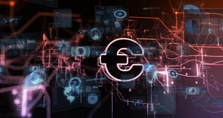 Poster - Red-orange circuits emerging from void, converging into neon euro symbol representing digital funds