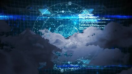 Poster - Billowing cloud parting revealing data globe with pulsing HUD arcs and text visualizing interface