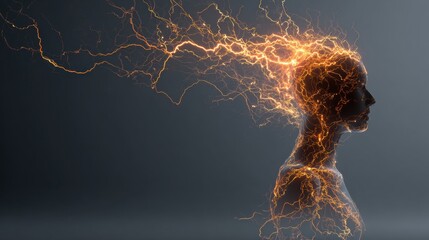 Poster - Electric Sparks Illuminate a Stressed Silhouette Creating a Dramatic Visual of Tension and Energy