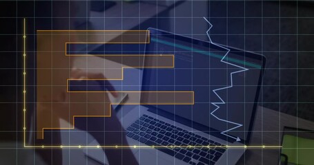 Poster - Woman observing baseline starting orange bars, white line animating on laptop for data analysis