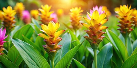 Wall Mural - Vibrant Curcuma flowers in a lush green garden with tall stems and bright yellow leaves