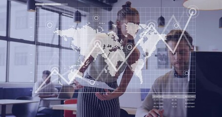 Poster - On showing charts female and male colleagues analyzing data for business review via map overlay
