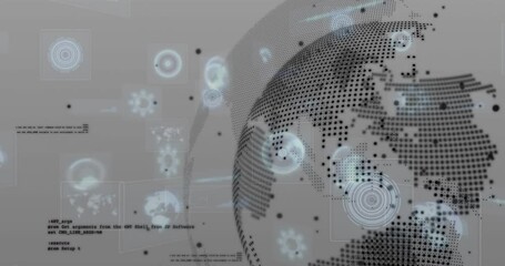 Poster - Gray interface activating node icons forming and drifting toward rotating globe showing data flow