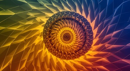 Poster - Abstract Geometric Sphere in a Tunnel of Triangles Digital Art Background Science Fiction Concept Glowing and Vibrant Colors for Modern Wallpaper