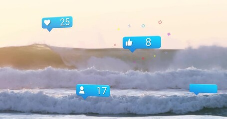 Poster - Cresting ocean wave spawning bubbles popping and updating social metrics, visualizing engagement