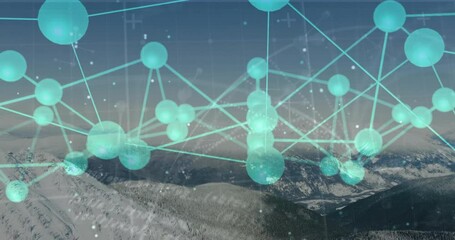 Poster - Cyan network fading in, rotating and pulsing above peaks while snowflakes drifting visualizing data