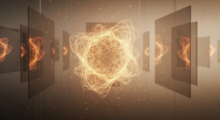 Wall Mural - Golden abstract sphere surrounded by transparent screens displaying fire patterns in a brown room