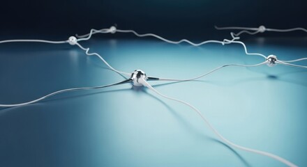 Wall Mural - A close up of a network of white strings with silver beads on a blue gradient background surface