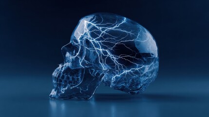 Aufkleber - Lightning Storm Within a Transparent Skull Against a Dark Blue Backdrop Creating an Eerie Atmosphere