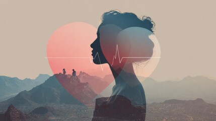 Aufkleber - Symbols of Connection Between Mind and Heart Against a Pastel Background With Silhouettes of Nature and Figures in the Distance