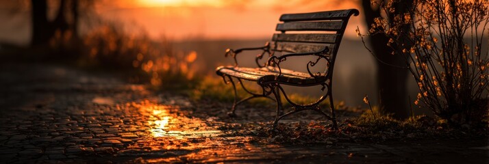 Poster - Empty Bench Illuminated by Sunset Light Evokes Bittersweet Emotions in a Tranquil Outdoor Setting