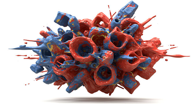A vibrant abstract artwork featuring a complex, organic structure in shades of red, blue, and yellow against a white background