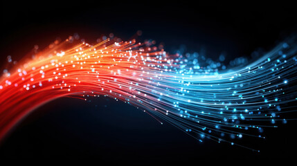 Aufkleber - Glowing abstract fiber optic cable visualization with vibrant red and blue light strands creating dynamic and futuristic effect