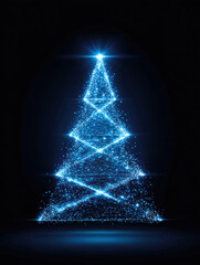 Poster - Glowing blue digital Christmas tree made of sparkling light particles and lines shines brightly on dark background, evoking festive joy
