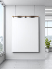 Poster - Blank wall calendar hanging in modern clean office space with large windows and potted plant adding fresh touch to bright room