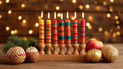 Poster - Festive Kwanzaa celebration scene with Kinara holding seven lit candles surrounded by pine branches and decorative golden and natural ornaments