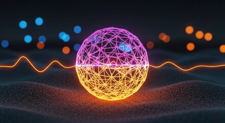 Wall Mural - a glowing wireframe sphere with pink and yellow hues sits on a textured surface with bokeh lights be