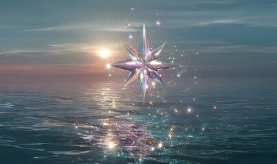 Wall Mural - cute, chrome star, flying over the brightly-shining sun, the setting is outer space with water, gene