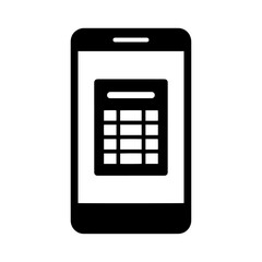 A black smartphone displays a calculator app featuring buttons  screen