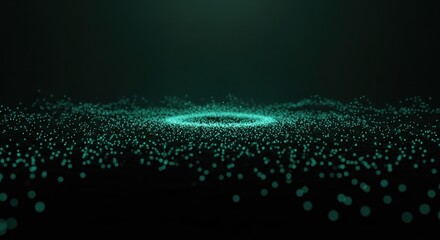 Wall Mural - A dark background with teal particles forming a circular ripple effect in the center of the image