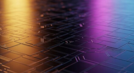 Wall Mural - a close up view of a futuristic circuit board with colorful lighting and geometric patterns design
