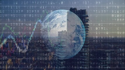 Poster - Starting dusk skyline, binary code drifting over rotating globe, rising chart showing global growth
