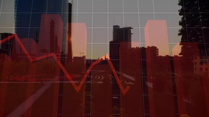 Poster - Grid appearing over skyline at sunset, red bars rising shifting as line graph showing data trends