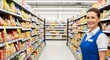 © Felipe - Smiling supermarket clerk standing beside a product aisle, shelves fully stocked