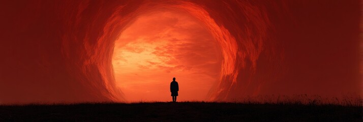 Poster - Human Silhouette Facing a Dramatic Sunset Showcases Emotional Tension and Solitude Against a Vibrant, Swirling Sky