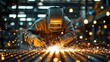 © mobile - Person welding metal with protective helmet and gloves surrounded by bright sparks in industrial workshop with blurred background