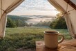 © khairul - Tranquil Morning Scene View from Tent with Coffee Cup Overlooking Foggy Hills and Lush Green Landscape in Soft Sunrise Light