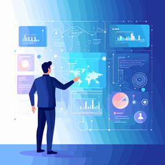 Poster - Business Analysis Presentation with Blue Charts and Data Visualizations on Digital Screen with World Map and Man in Dark Suit